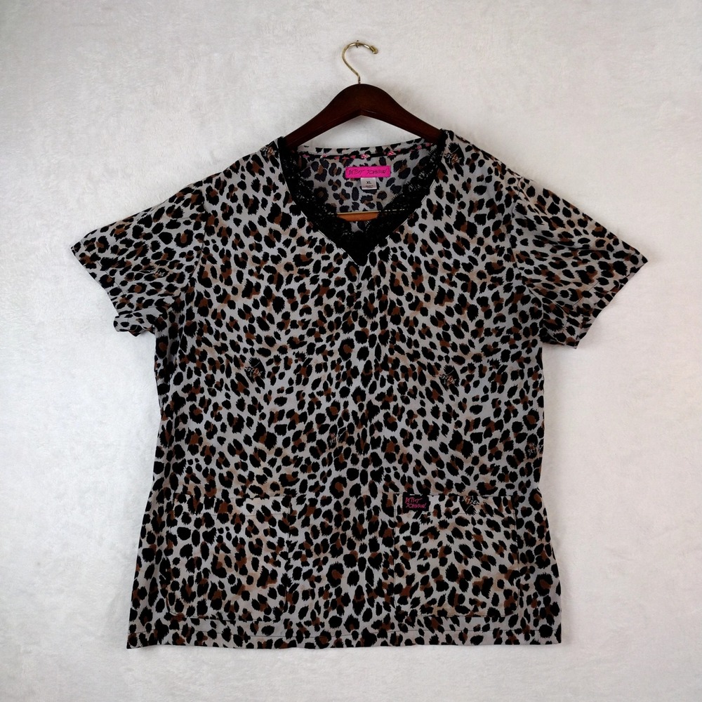 Betsey Johnson Leopard Print Scrub Top XL V-Neck Lace Trim Nurse Workwear